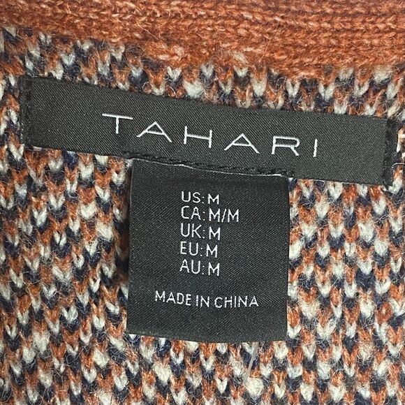 Tahari Aztec Cardigan Sweater Rust Navy Cream Geometric Open Front Women’s Mediu - Picture 5 of 6